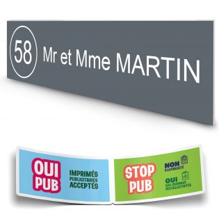 Plaque boite aux lettres NUMERO adhésive (100x25mm) grise lettres blanches - 1 ligne + Stickers STOP PUB offerts