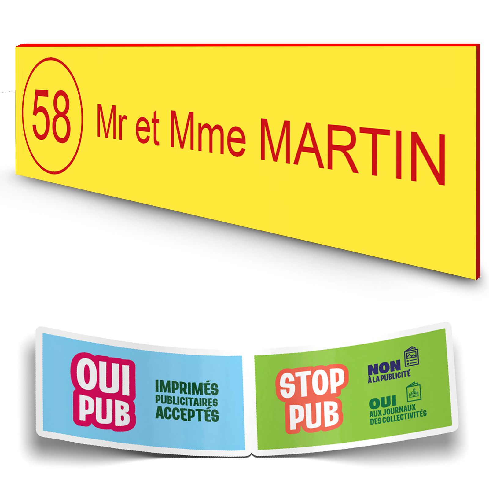 Plaque boite aux lettres NUMERO adhésive (100x25mm) Jaune lettres rouges - 1 ligne + Stickers STOP PUB offerts