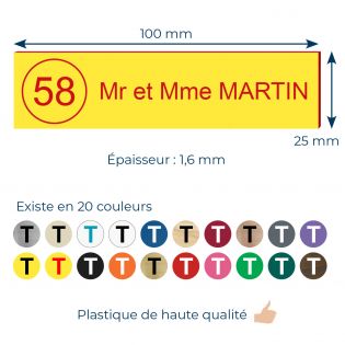 Plaque boite aux lettres NUMERO adhésive (100x25mm) Jaune lettres rouges - 1 ligne + Stickers STOP PUB offerts