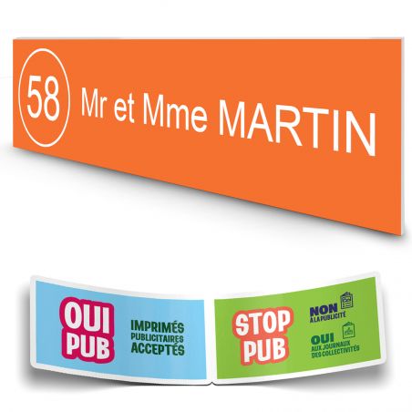 Plaque boite aux lettres NUMERO adhésive (100x25mm) orange lettres blanches - 1 ligne + Stickers STOP PUB offerts