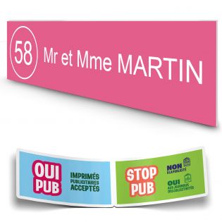 Plaque boite aux lettres NUMERO adhésive (100x25mm) rose lettres blanches - 1 ligne + Stickers STOP PUB offerts