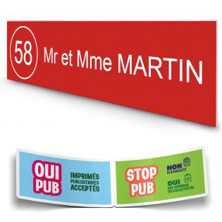 Plaque boite aux lettres NUMERO adhésive (100x25mm) rouge lettres blanches - 1 ligne + Stickers STOP PUB offerts