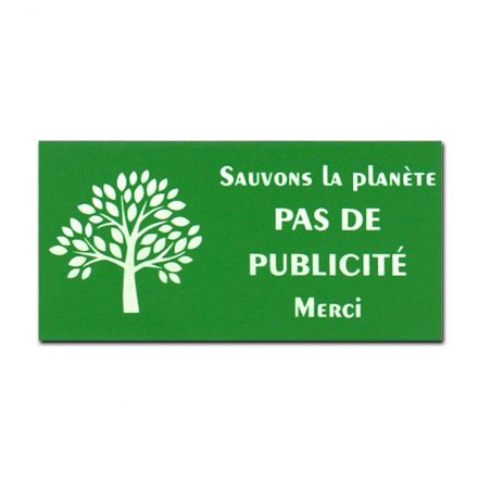 etiquette boite aux lettres adhésive STOP PUB "Sauvons la planète" couleur vert lettres blanches 8 x 4 cm - Gravure laser