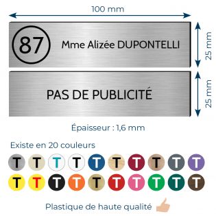 Plaque nom et numéro + Plaque Stop Pub pour boite aux lettres format 100x25mm argent lettres noires - 1 ligne