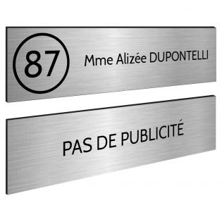 Plaque nom et numéro + Plaque Stop Pub pour boite aux lettres format 100x25mm argent lettres noires - 1 ligne