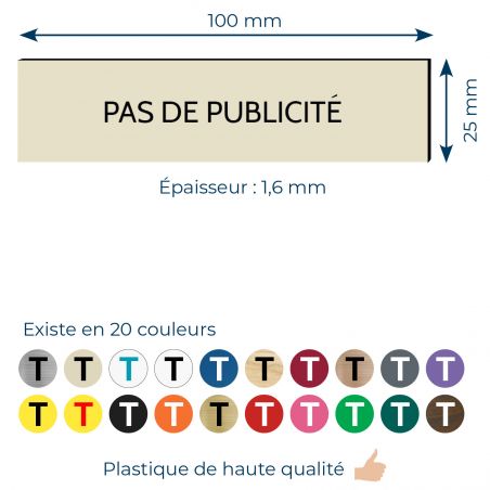 Plaque adhésive PAS DE PUBLICITE pour boite aux lettres - Format 100 x 25 mm