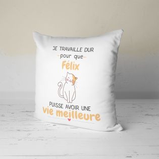 Coussin personnalisé carré 40 x 40 cm humoristique "Je travaille dur pour mon chat"