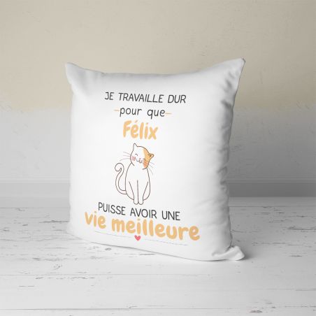 Coussin personnalisé carré 40 x 40 cm humoristique "Je travaille dur pour mon chat"