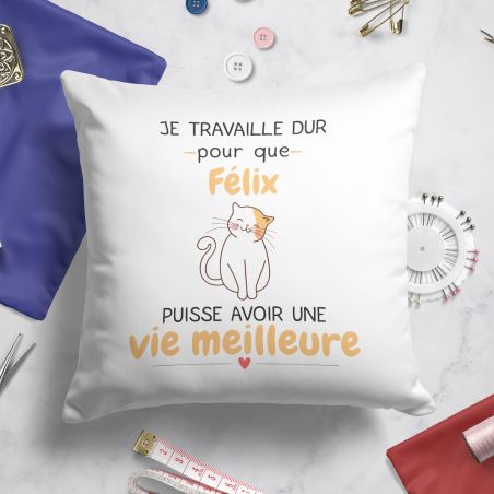 Coussin personnalisé carré 40 x 40 cm humoristique "Je travaille dur pour mon chat"