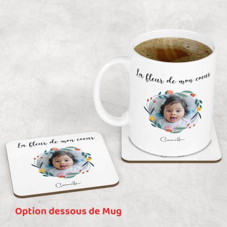 Customizable white mug with first name and photo · The flower of my heart · Mom's birthday or Mother's Day gift