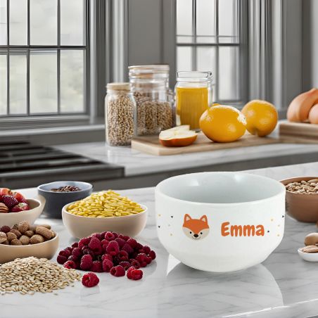 Personalizable children's breakfast bowl with first name and animal motif