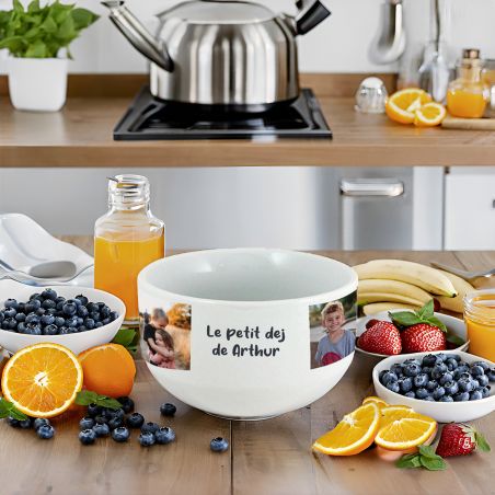 Personalizable breakfast bowl with first name, text and photo