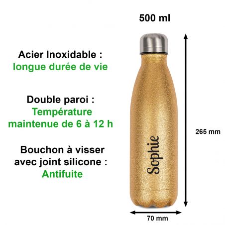 Bouteille isotherme personnalisable 500 ml | Or à paillettes