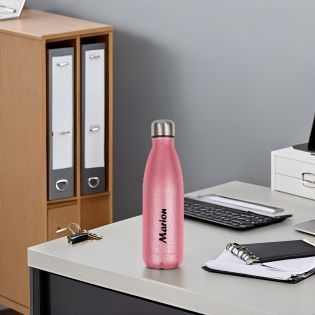 Bouteille isotherme personnalisable avec prénom · Cadeau anniversaire Femme · Gourde 500 ml Rose à paillettes