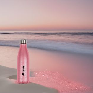 Bouteille isotherme personnalisable avec prénom · Cadeau anniversaire Femme · Gourde 500 ml Rose à paillettes