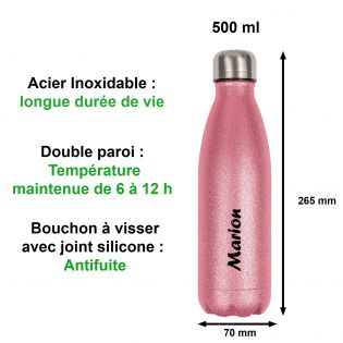 Bouteille isotherme personnalisable avec prénom · Cadeau anniversaire Femme · Gourde 500 ml Rose à paillettes