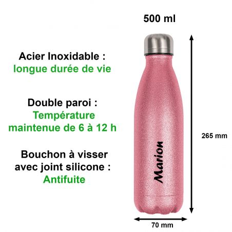 Bouteille isotherme personnalisable avec prénom · Cadeau anniversaire Femme · Gourde 500 ml Rose à paillettes