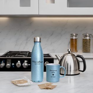 Pack Cup + Personalized blue glitter insulated bottle · Mother night light · Birthday or Mother's Day gift idea