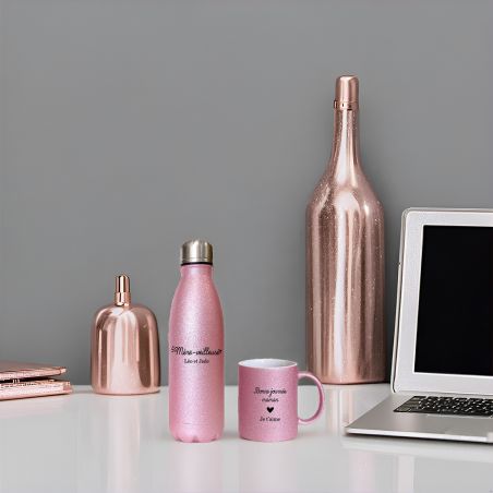 Personalized pink glittery insulated mug + bottle pack · Mother night light · Birthday or Mother's Day gift idea