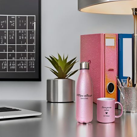 Personalized pink glittery insulated mug + bottle pack · Mother night light · Birthday or Mother's Day gift idea