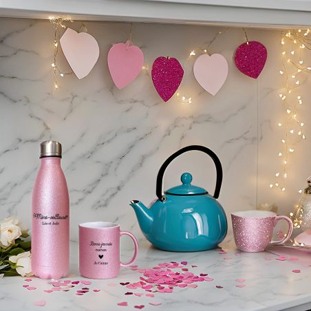 Pack Tasse + Bouteille isotherme pailletée rose personnalisées · Mère-veilleuse · Idée cadeau anniversaire ou fête des mères