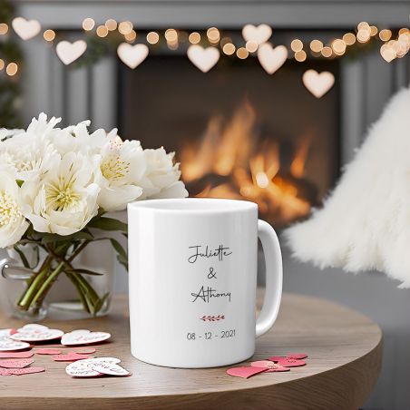 Personalized white ceramic mug with Text · One Line couple drawing model