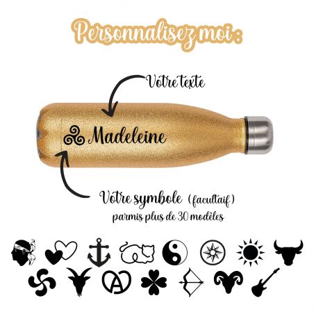 Bouteille isotherme personnalisable 500 ml | Or à paillettes - Gourde personnalisable