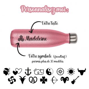 Bouteille isotherme personnalisable avec prénom · Cadeau anniversaire Femme · Gourde 500 ml Rose à paillettes