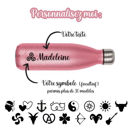 Personalizable insulated bottle with first name · Birthday gift for women · 500 ml pink glitter bottle