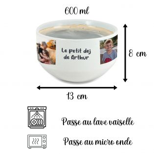 Bol petit déjeuner personnalisable avec prénom, texte et photo