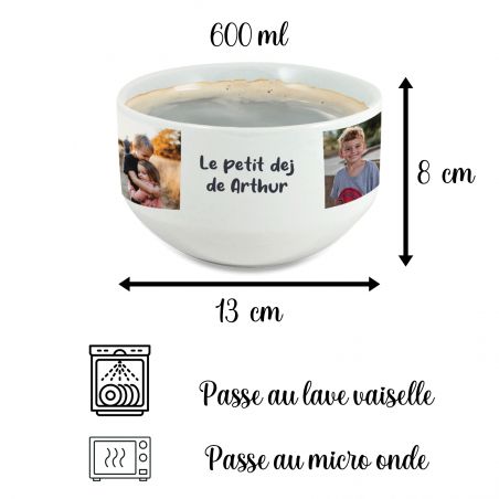 Bol petit déjeuner personnalisable avec prénom, texte et photo