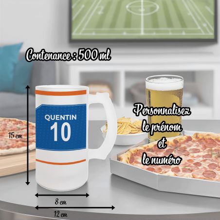 Chope à bière en verre givré 50 cl personnalisée - club de football personnalisable avec prénom et numéro · Cadeau fan de foot ·