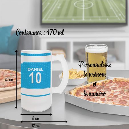 Chope à bière en verre givré 50 cl personnalisée - club de football personnalisable avec prénom et numéro · Cadeau fan de foot ·