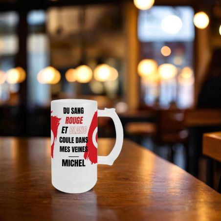 Personalized 50 cl frosted glass beer mug · Red and white blood runs through my veins | Tunisia