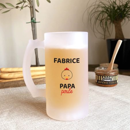 Personalized 50 cl frosted glass beer mug Papa Poule