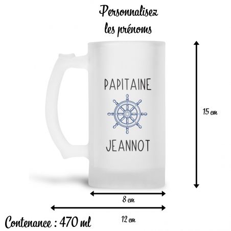 Chope à bière en verre givré 50 cl personnalisée · Papitaine avec prénoms petits-enfants