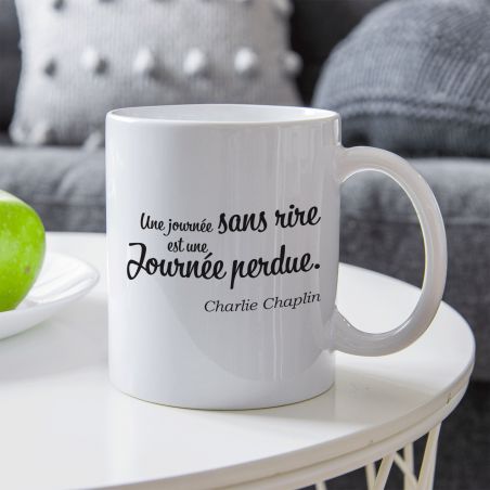 Mug citation Charlie Chaplin "Une journée sans rire est une journée de perdue" - 33 cl, céramique - Imprimé en France