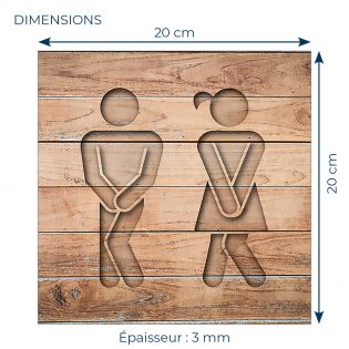 Panneau pictogramme de signalisation · Toilettes Mixtes Humoristique| Texture Bois