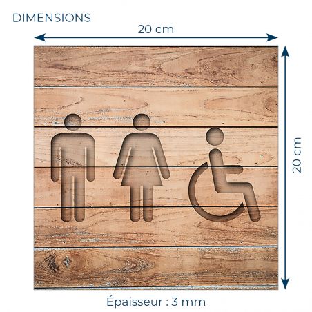 Panneau pictogramme de signalisation · Toilettes Trio H/F PMR | Texture Bois