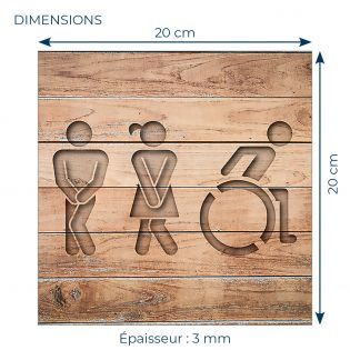 Panneau pictogramme de signalisation fun · Toilettes Trio H/F PMR | Texture Bois