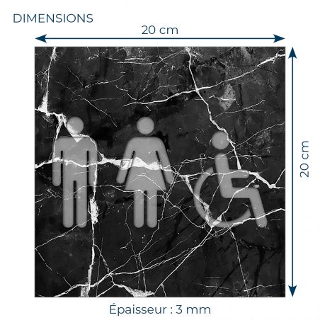Panneau pictogramme de signalisation · Toilettes Trio H/F PMR | Texture Marbre Noir
