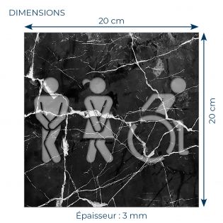 Panneau pictogramme de signalisation fun · Toilettes Trio H/F PMR | Texture Marbre Noir