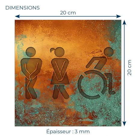 Panneau pictogramme de signalisation fun · Toilettes Trio H/F PMR | Texture Cuivre