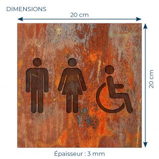 Panneau pictogramme de signalisation · Toilettes Trio H/F PMR | Texture Rouille