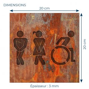 Panneau pictogramme de signalisation fun · Toilettes Trio H/F PMR | Texture Rouille