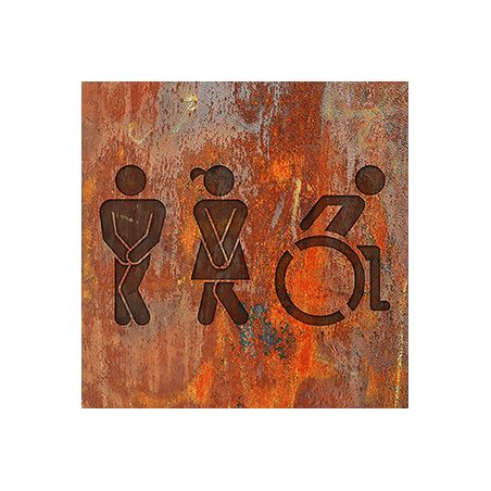 Panneau pictogramme de signalisation fun · Toilettes Trio H/F PMR | Texture Rouille