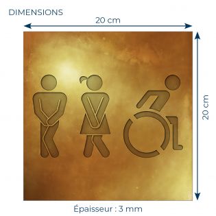 Panneau pictogramme de signalisation fun · Toilettes Trio H/F PMR | Texture Gold