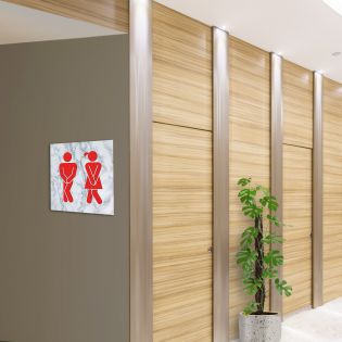 Panneau pictogramme de signalisation · Toilettes Mixtes Humoristique | Texture Marbre Rouge