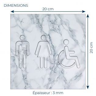 Panneau pictogramme de signalisation · Toilettes Trio H/F PMR | Texture Marbre Blanc