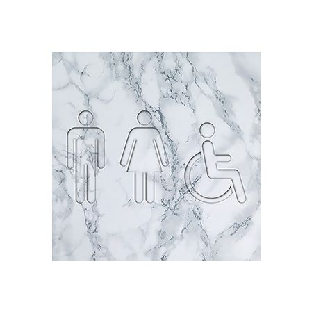 Panneau pictogramme de signalisation · Toilettes Trio H/F PMR | Texture Marbre Blanc